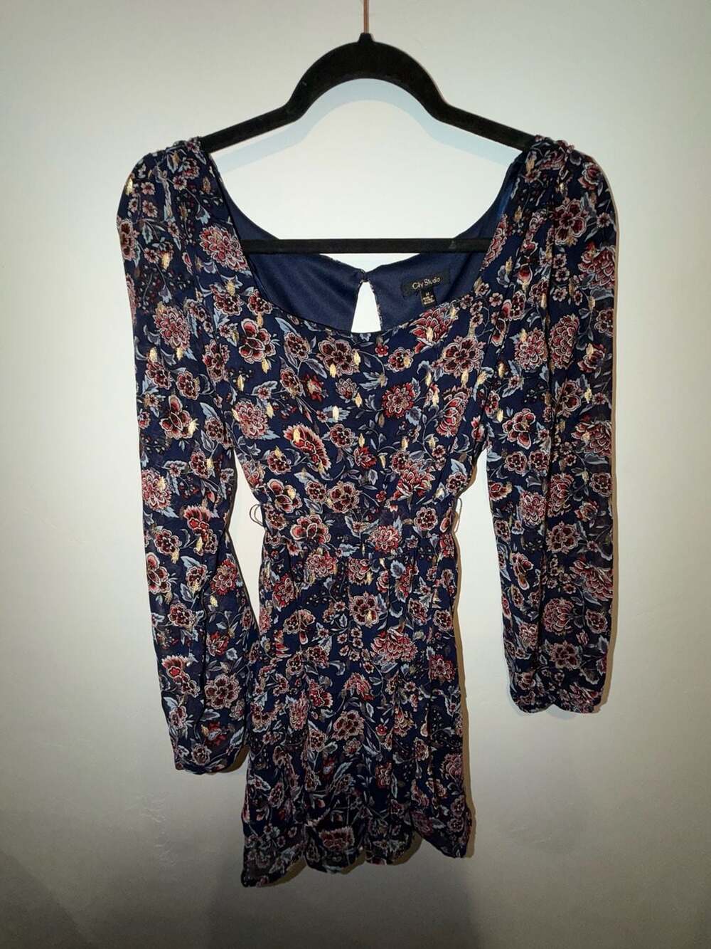 City Studio Navy Blue Floral Print Long Sleeve Dress - Size M